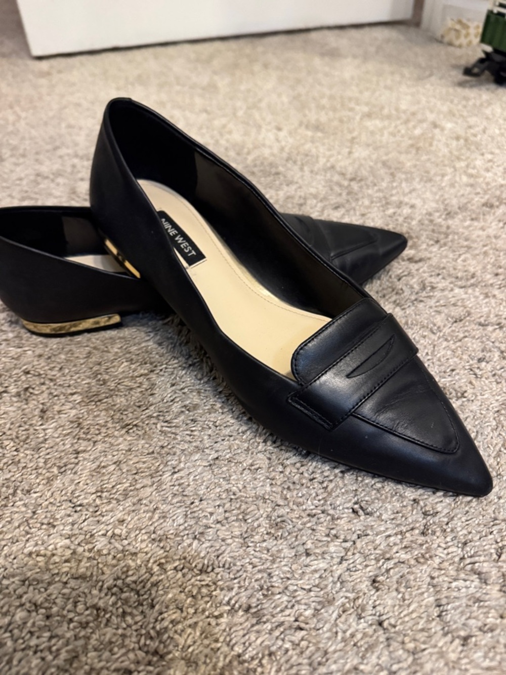 Nine West Black Pointed-Toe Loafers with Gold Heel Accent